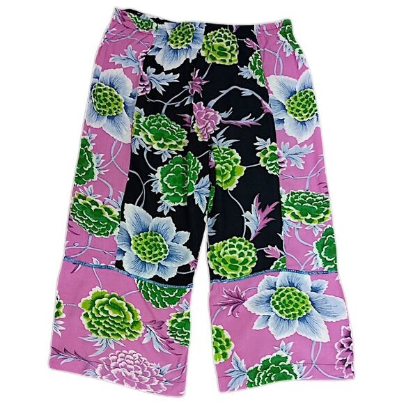 Floral Patchwork Wide Leg Pants M Hippie Artsy Boho Chic Fairy Flowy Drawstring - Picture 12 of 16